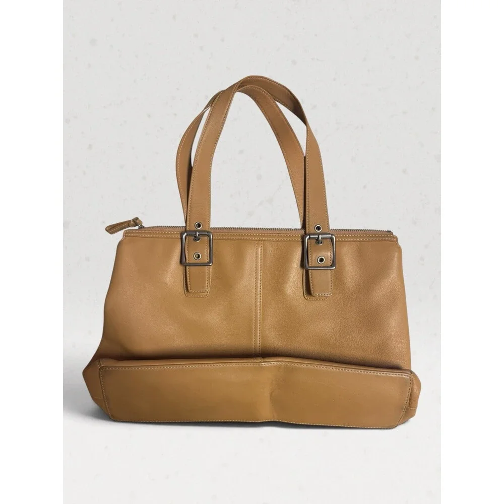 Vintage COACH Hamptons Leather Satchel Bag 9554 Camel Tan Y2K Double Buckle Tote